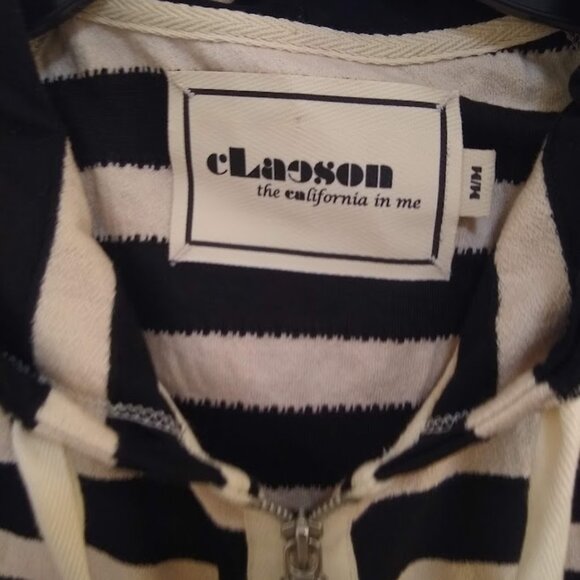 NWOT Claeson M  black & cream stripes hooded zip up sweatshirt - Picture 2 of 12